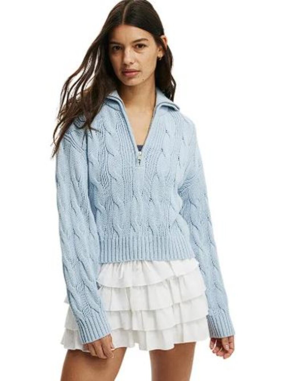 COTTON ON Women's Cotton Cable Half Zip Pullover Size L in Serene Blue (Dirty)